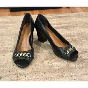 Pollini Peep Toe Block Heel Pump Black Leather size 39 / 8.5